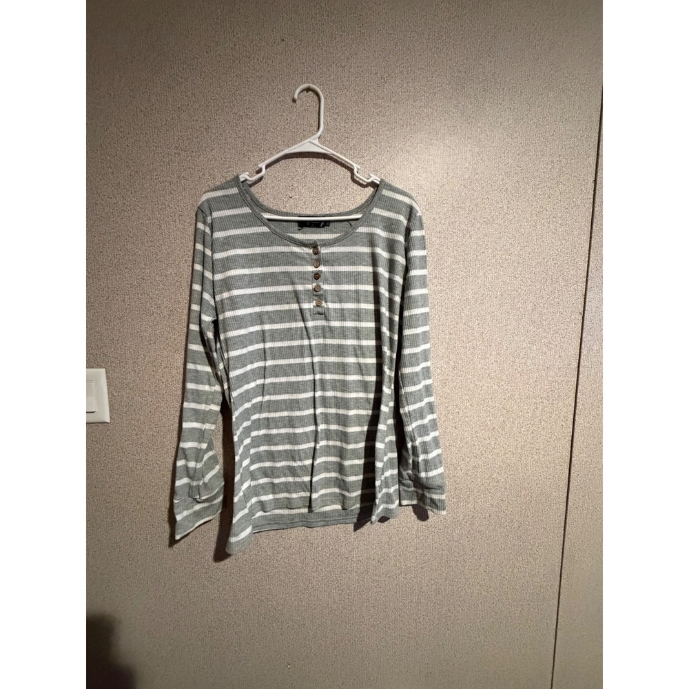Spadehill Womens 2XL Grey‎ White Striped Ribbed Knit Henley Long Sleeve Top